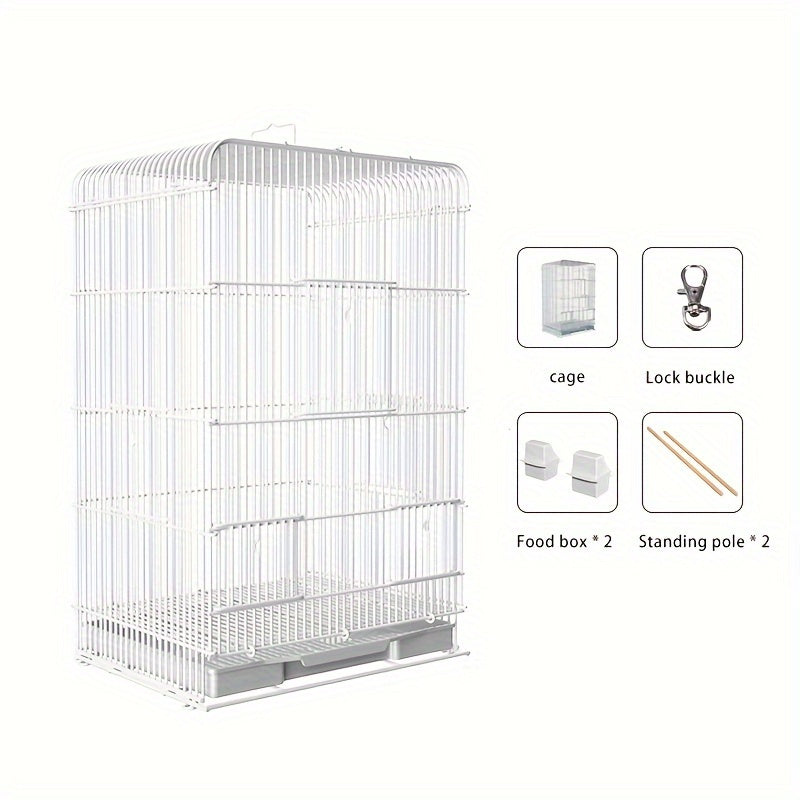 Large metal bird cage for parrots, budgies, and canaries. Spacious villa style with perches and accessories. Durable construction for indoor birds.