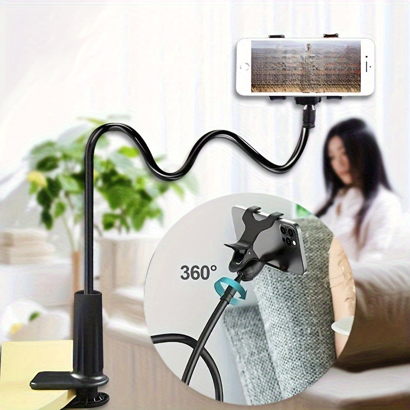 Adjustable Phone Tablet Stand with 71.98 cm Flexible Arm and 360° Rotating Double Clamp Holder. Features a Plastic Spiral Base, perfect for Live Streaming, TV, and Lazy Usage. Can be used on Desktop or Bedside.