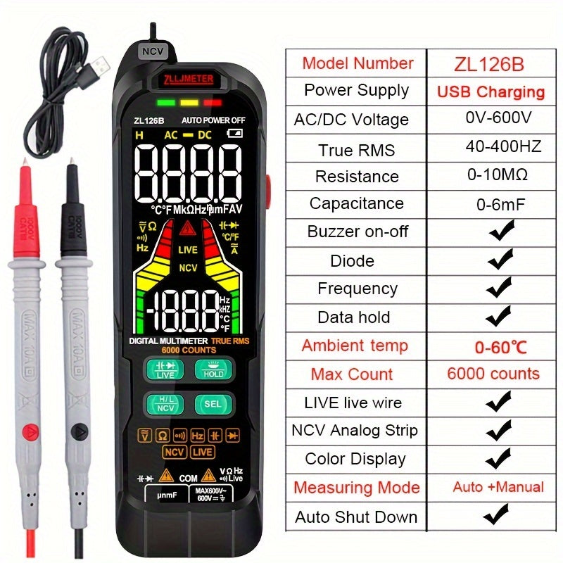 ZLLJMETER Digital Multimeter with Analog-Digital Display, USB Rechargeable Pen-Style DMM, AC/DC Current and Voltage Measurement, Capacitance & Temp Measurement, Auto Range, True RMS - with