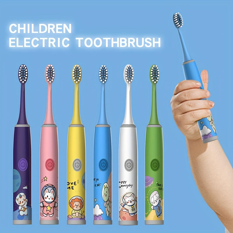 Cartoon Space Series Electric Toothbrush with 5 brush heads, battery powered, soft bristle, 2-minute timer, deep clean, cavity protection, perfect birthday gift.