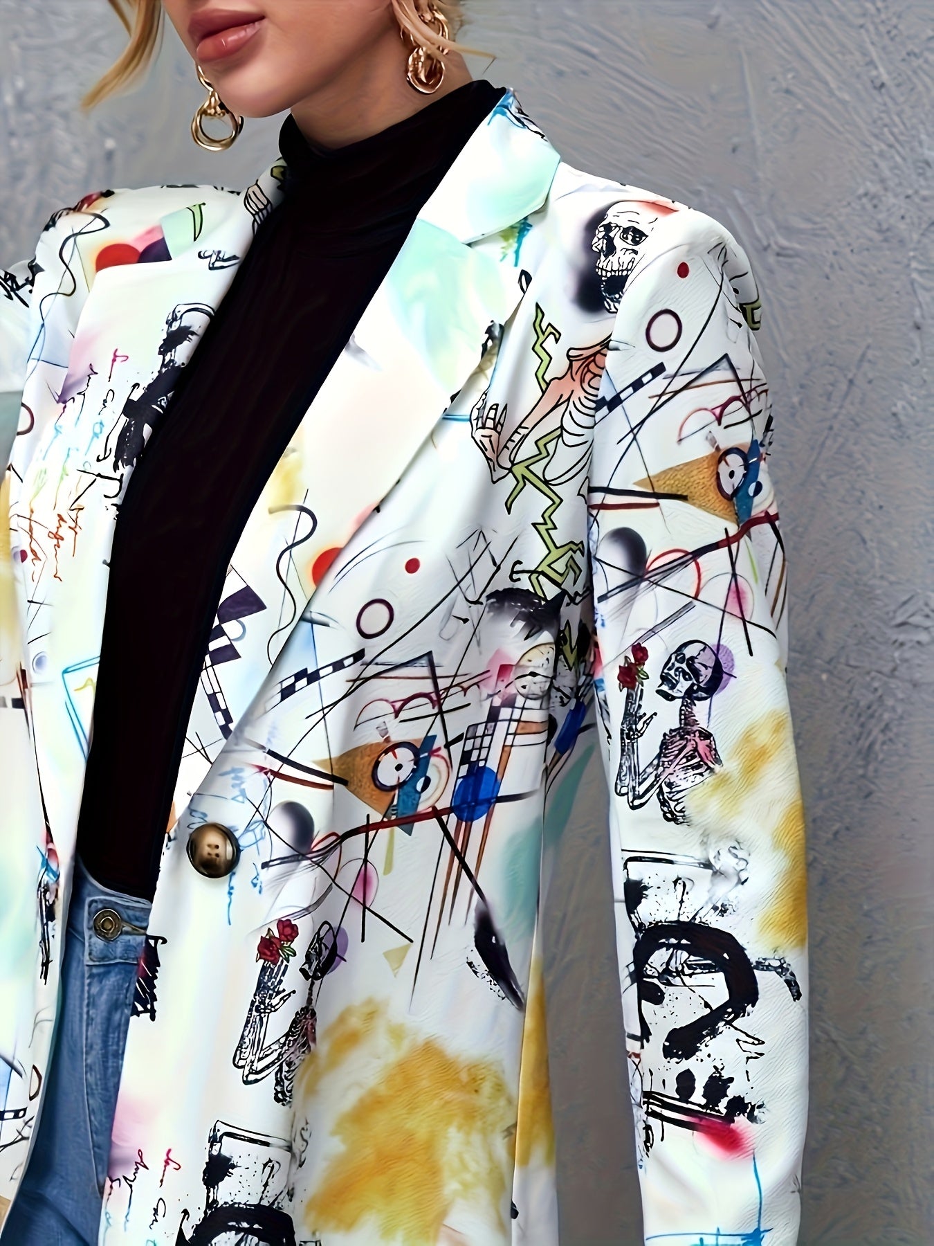 Plus size graffiti print blazer with long sleeves and open front, featuring a vibrant abstract design. Casual and stylish outerwear made from stretch fabric.