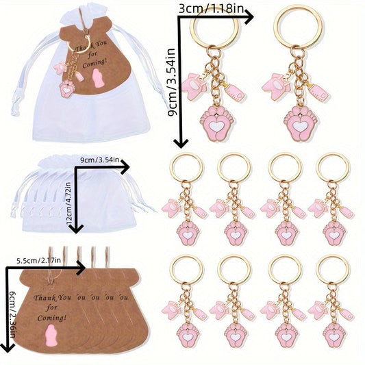 Set of 10 adorable baby footprints keychains made of solid color alloy. Perfect for hanging on your keys or as bag charms for women to use on a daily basis.