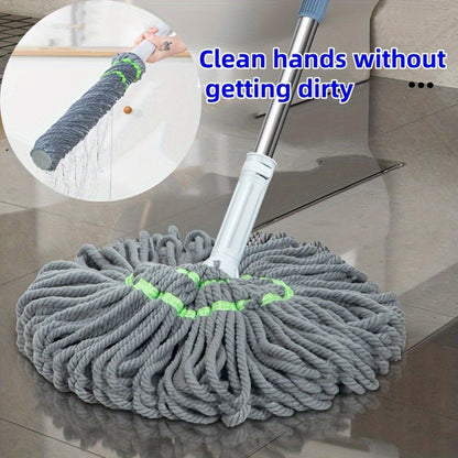 Hands-Free Rotating Mop for bedroom, bathroom, kitchen, living room; self-twisting, stainless steel and plastic.