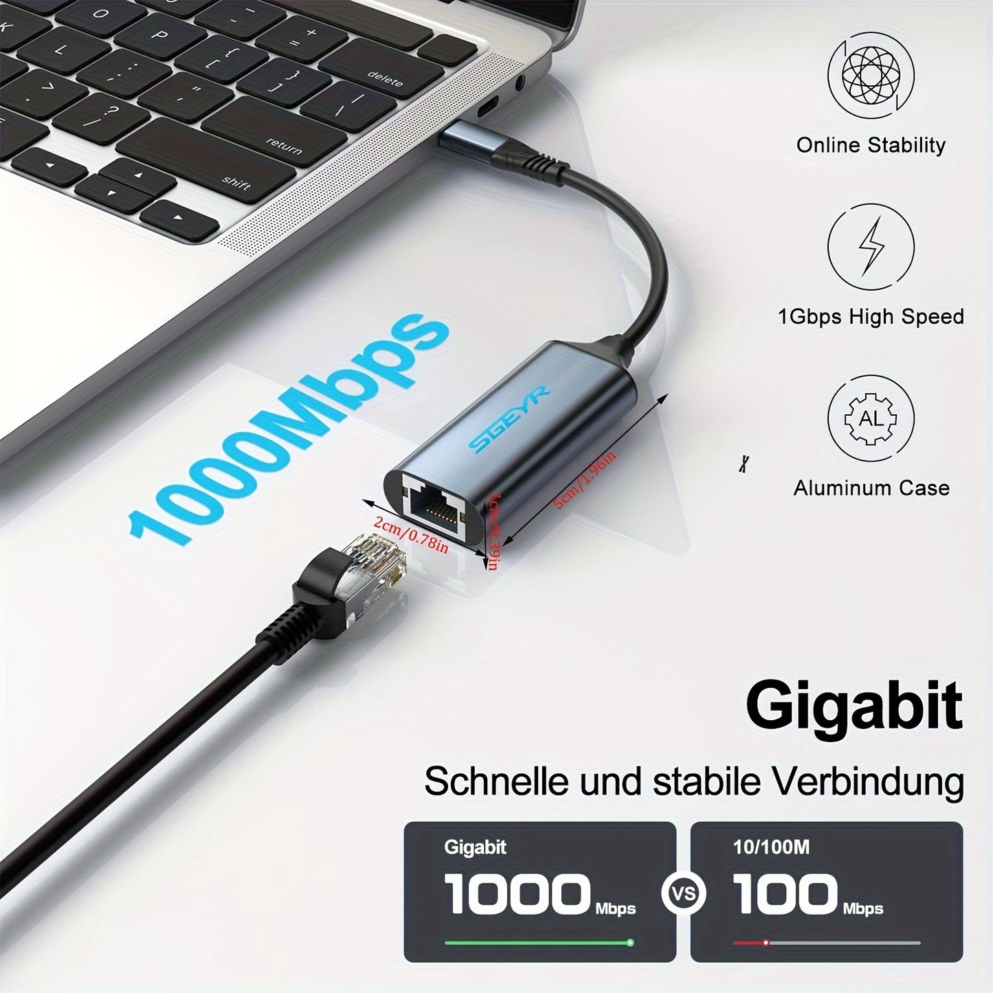 SGEYR USB Type C LAN Adapter for Personal Computer with Application Control and USB Connectivity. Contains Electronic Components.