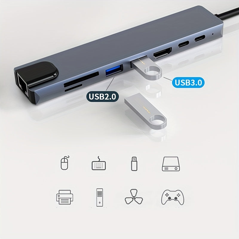 8-in-1 Type C Docking Station with USB C hub, RJ45, and PD ports.