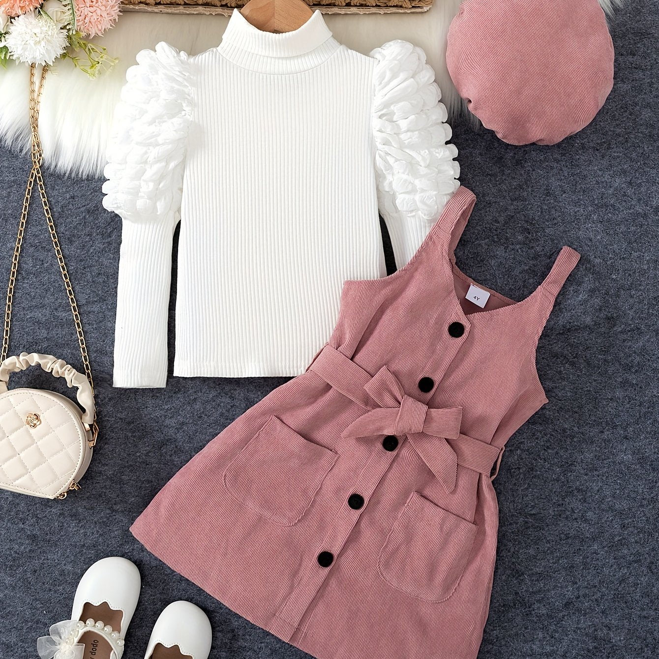 Stylish 4-piece girls' outfit set for fall/winter: turtleneck, jacket, suspender dress, and belt.