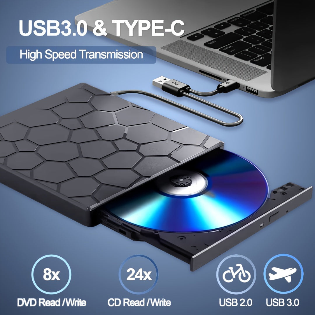 Ultra-slim 8-in-1 USB 3.0 external CD/DVD drive compatible with laptops, desktops, Mac, Windows, and Linux for playing and burning CDs, VCDs, and DVDs.