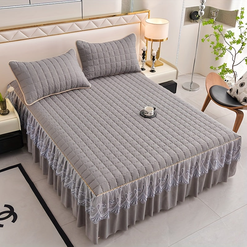 Luxury bedding set includes quilted edge bed skirt, 2 pillowcases, mattress protector, bed sheet, and duvet cover. Skin-friendly, breathable, and easy to maintain. Suitable for various