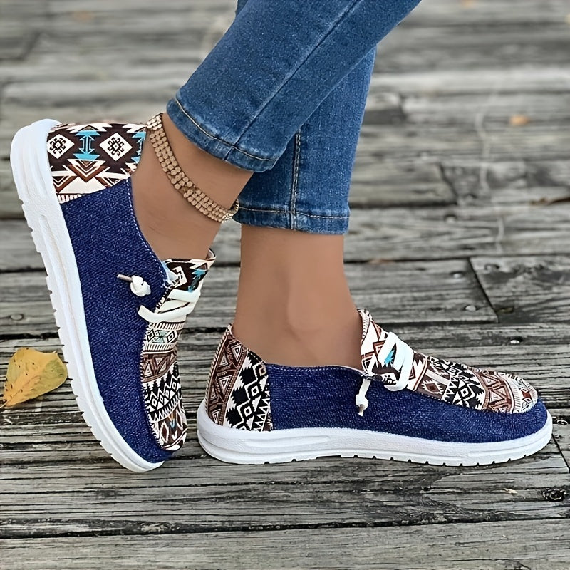 Women's Geometric Pattern Canvas Shoes, Casual Low Top Flat Shoes, Lightweight Sneakers