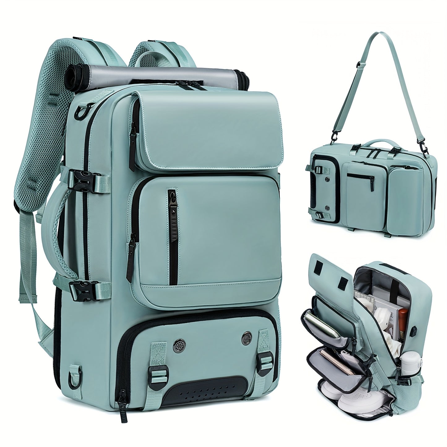 Waterproof backpack with USB port, trolley sleeve, shoe grid for outdoor activities.