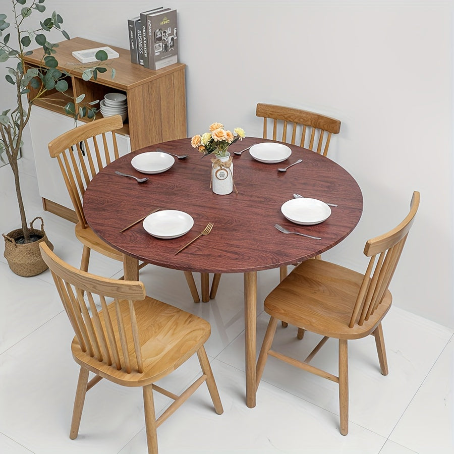 Waterproof vinyl tablecloth with wood grain design, elastic fit, easy wipe flannel backing, ideal for dining indoors and outdoors, camping, and picnics. Great as a picnic blanket.