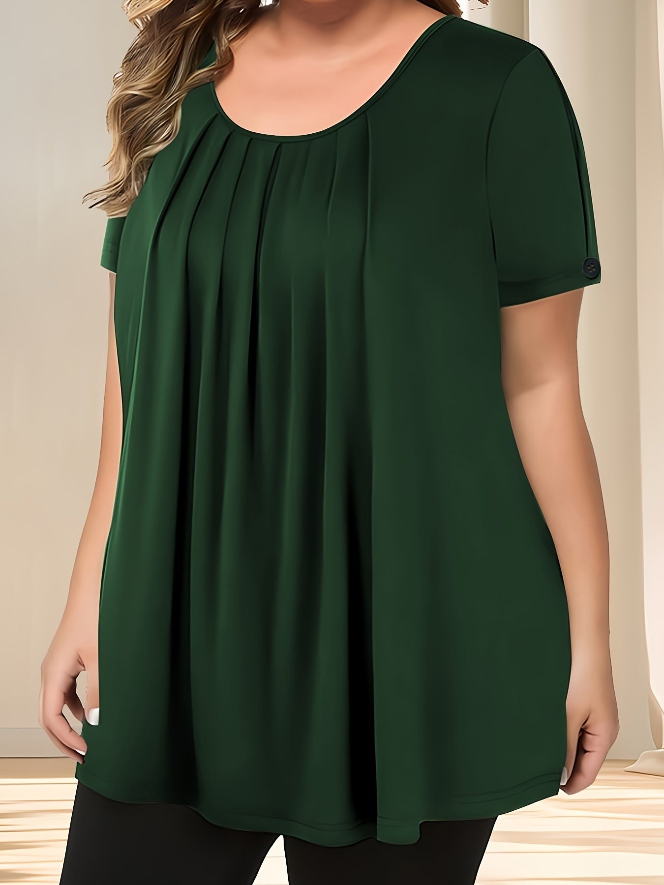 Pleated button detail T-shirt for plus size women, perfect for spring & summer.