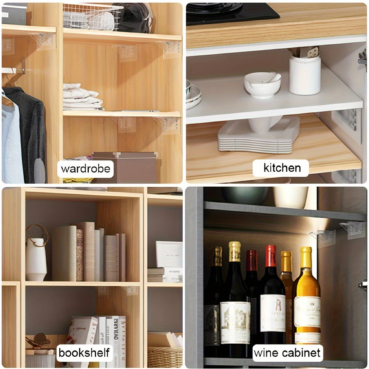 4 pieces of clear self-adhesive shelf support pegs for kitchen cabinets and bookshelves, with strong partition bracket holders for closet organization in the kitchen, bedroom, bathroom, or dorm. Perfect for home organization.