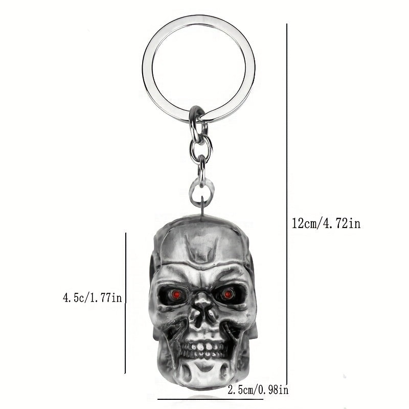 A stylish and versatile Terminator skull keychain that has a personality inspired by movies and TV shows. It is adorned with a golden pendant, adding an extra touch of flair.