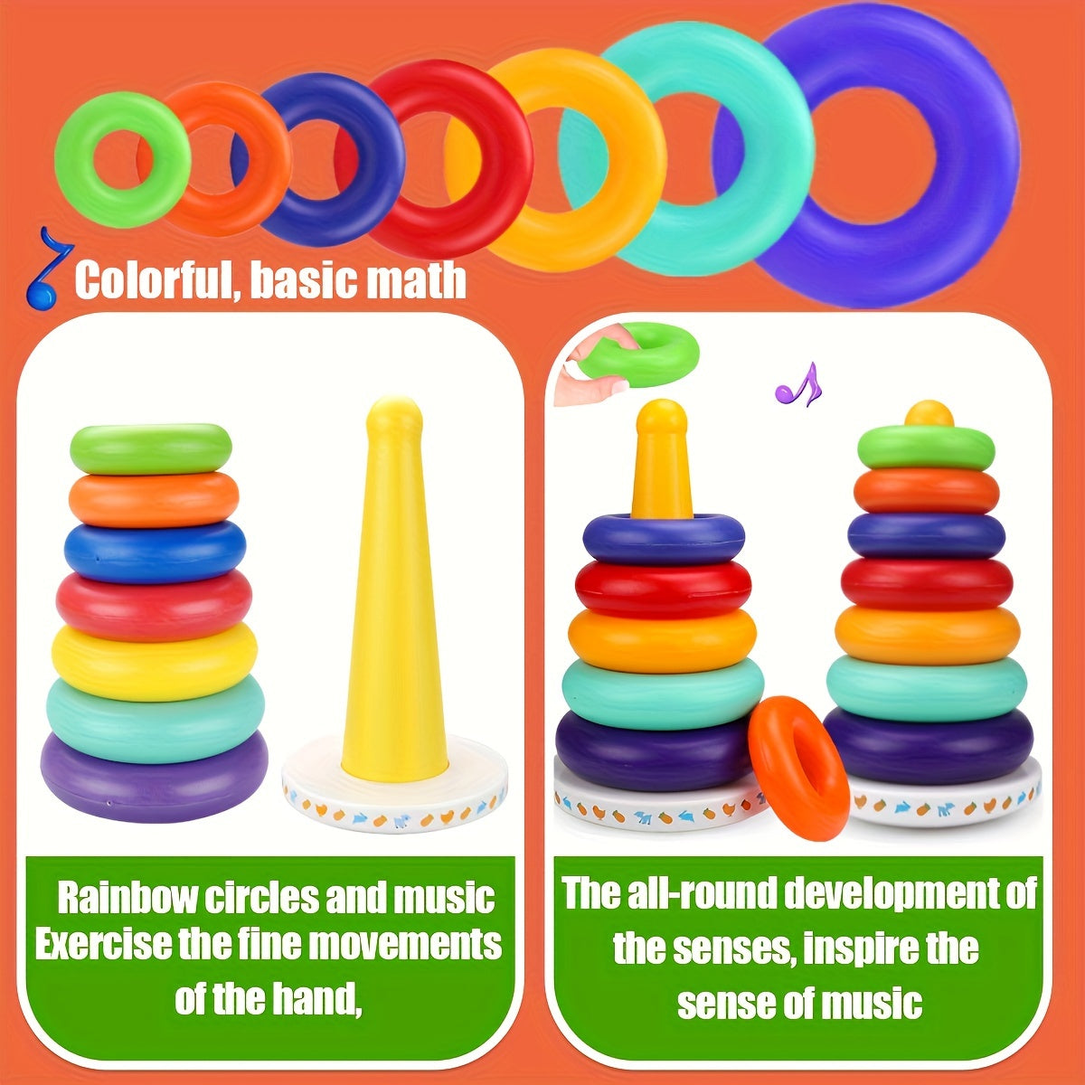 Toy Set: 6 Ring Rainbow Stacking Tower with Music and Colorful Blocks - Enhance Fine Motor Skills and Cognitive Development, Interactive Educational Toy for Preschoolers with Accessories, Perfect Holiday Gift.