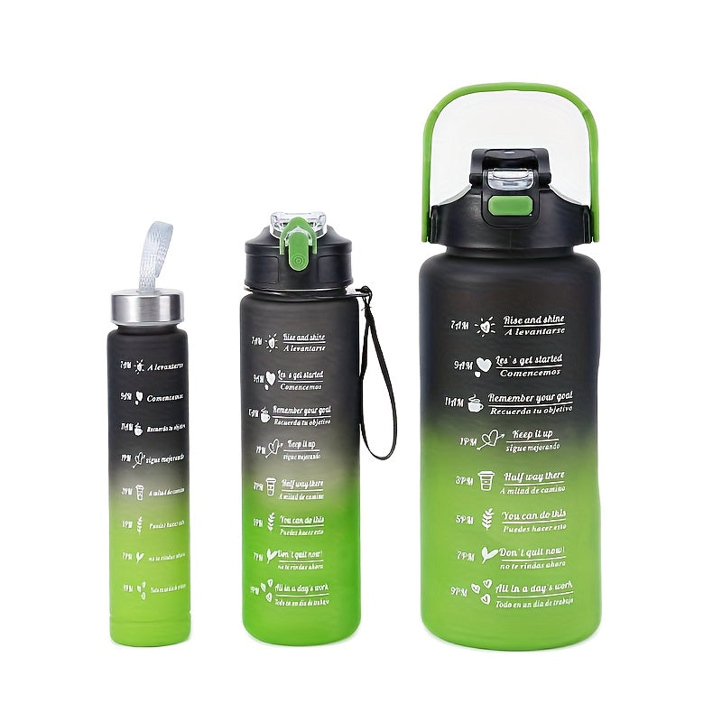 Set of 3 motivational water bottles (2000ml, 800ml, 300ml) with straw, sleeve. Ideal for outdoor activities and birthdays.