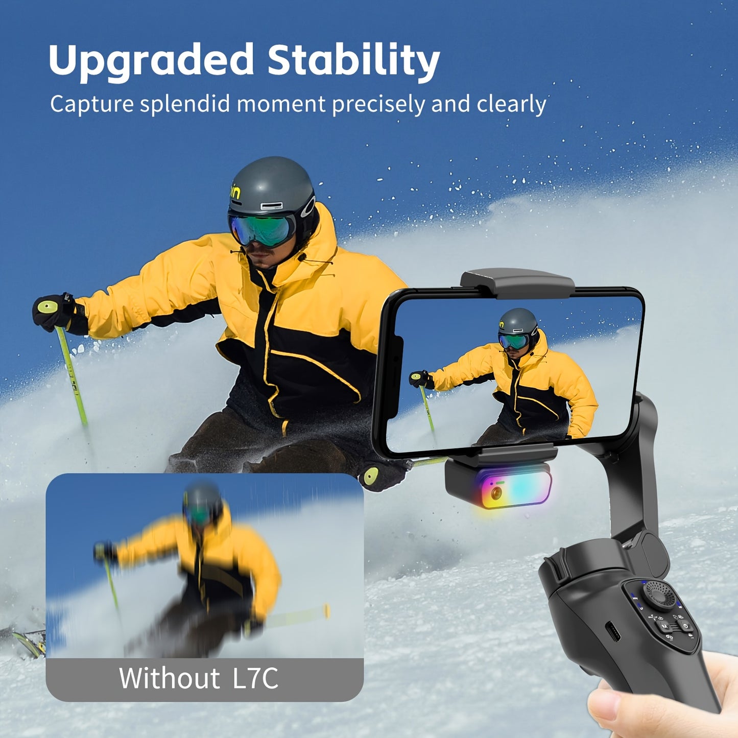 3-axis smartphone stabilizer with RGB lighting, face tracking and wireless capabilities. Rechargeable with USB, works with Apple and Samsung phones. Perfect for video shooting and holiday