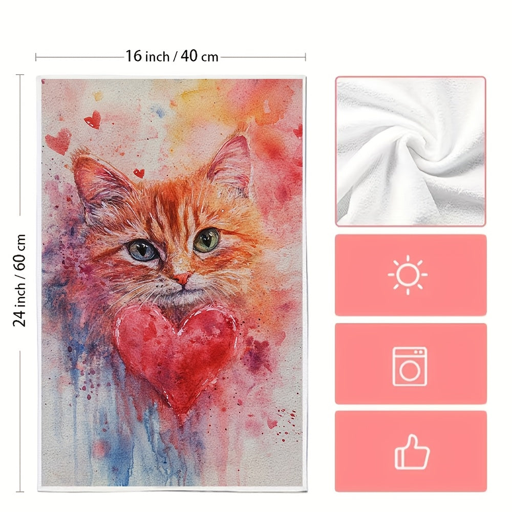 Pair of 2 Ultra-Soft Kitchen Towels with Adorable Kitty Design, Ideal for Valentine's Day. These Highly Absorbent Dish and Hand Towels are Great for Holiday Decor, Machine Washable, and Measure 40.64X60.96 cm.