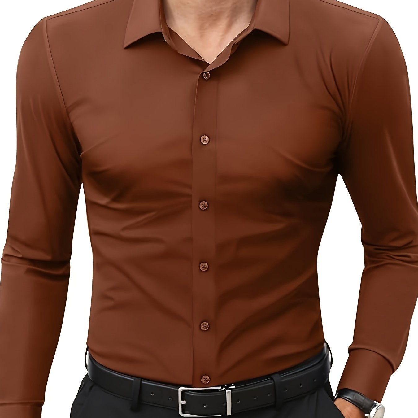 Slim fit long sleeve shirt for men made of 55% cotton, 40% polyester, and 5% spandex. Solid color with lapel collar, button-up closure, and all-season wear. Casual weekend wear, woven