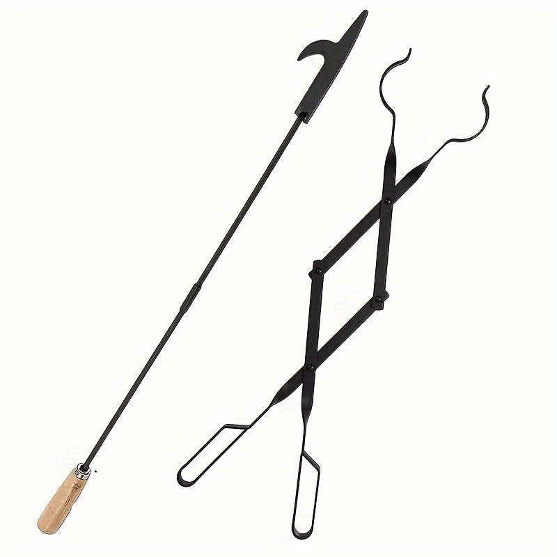 Set of heavy-duty iron fireplace tools, including an 81.28cm fire pit campfire poker stick and 66.04cm fireplace tongs. Also includes a log grabber and indoor/outdoor wall fireplace accessories kit.