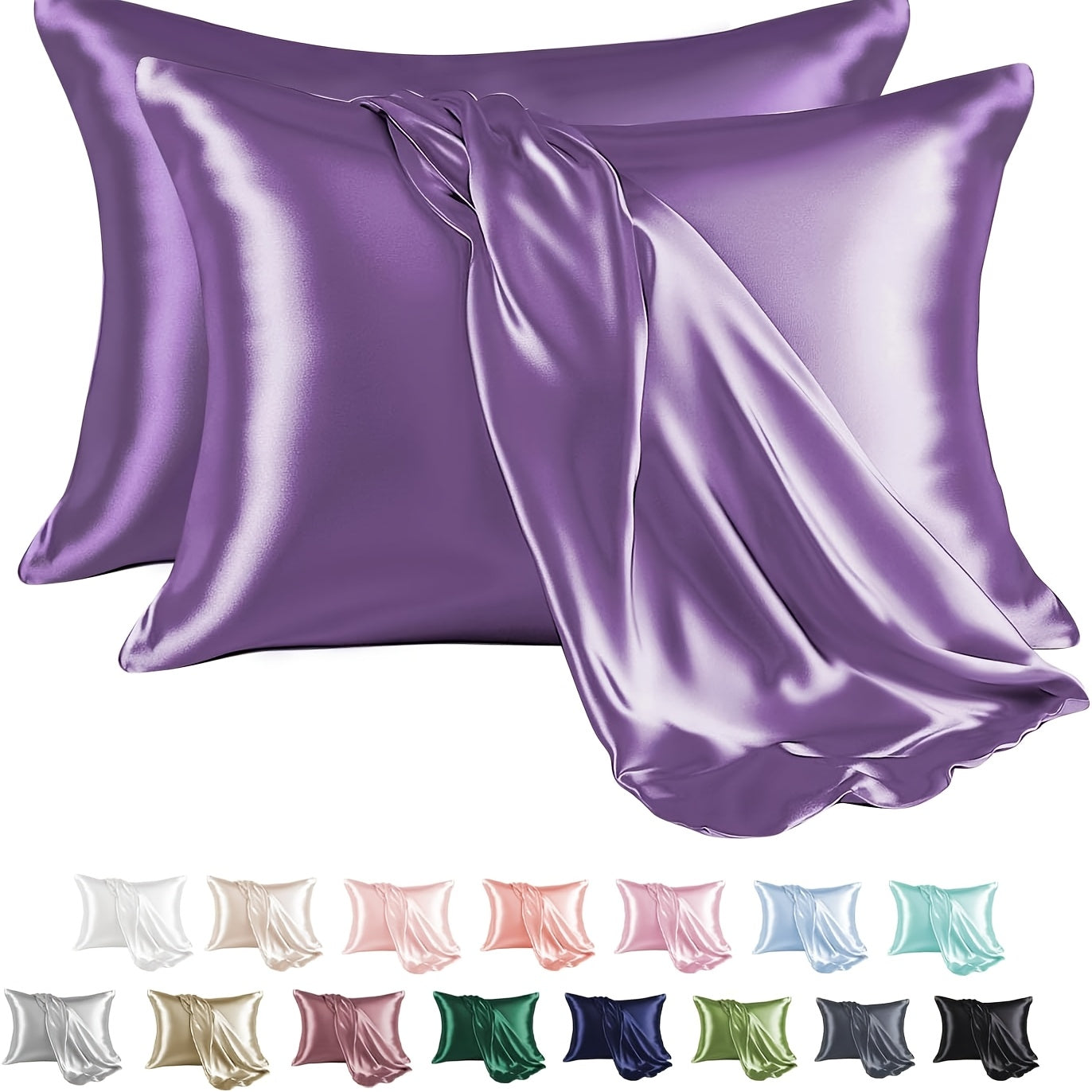 Two satin pillowcases in a pack made from 100% polyester material. Features an envelope closure and smooth texture to prevent hair breakage. These pillowcases are also wrinkle-resistant, machine washable, and weigh 80-85gsm. Available in a solid color