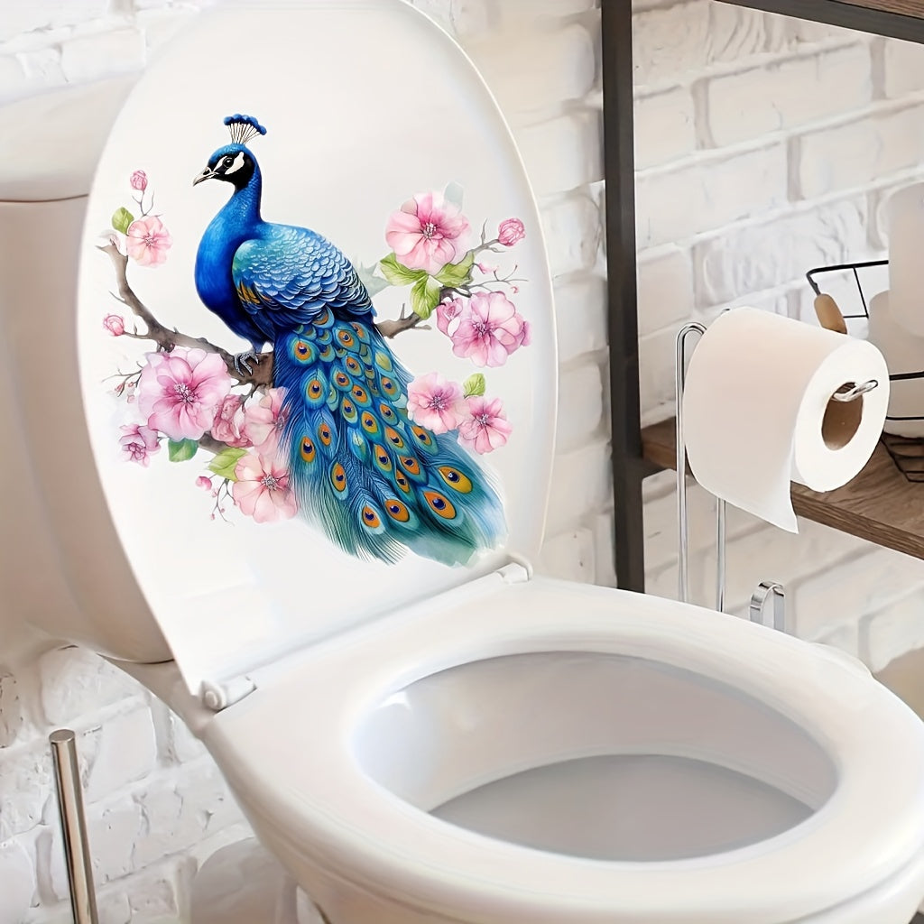 Self-adhesive PVC stickers for decorating bathroom walls, windows, and appliances with a peacock theme.