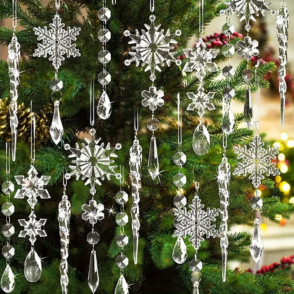 Set of 20 modern acrylic snowflake and icicle ornaments for Christmas tree decoration, perfect for holiday and winter festivities. Festive hanging charms without feathers.