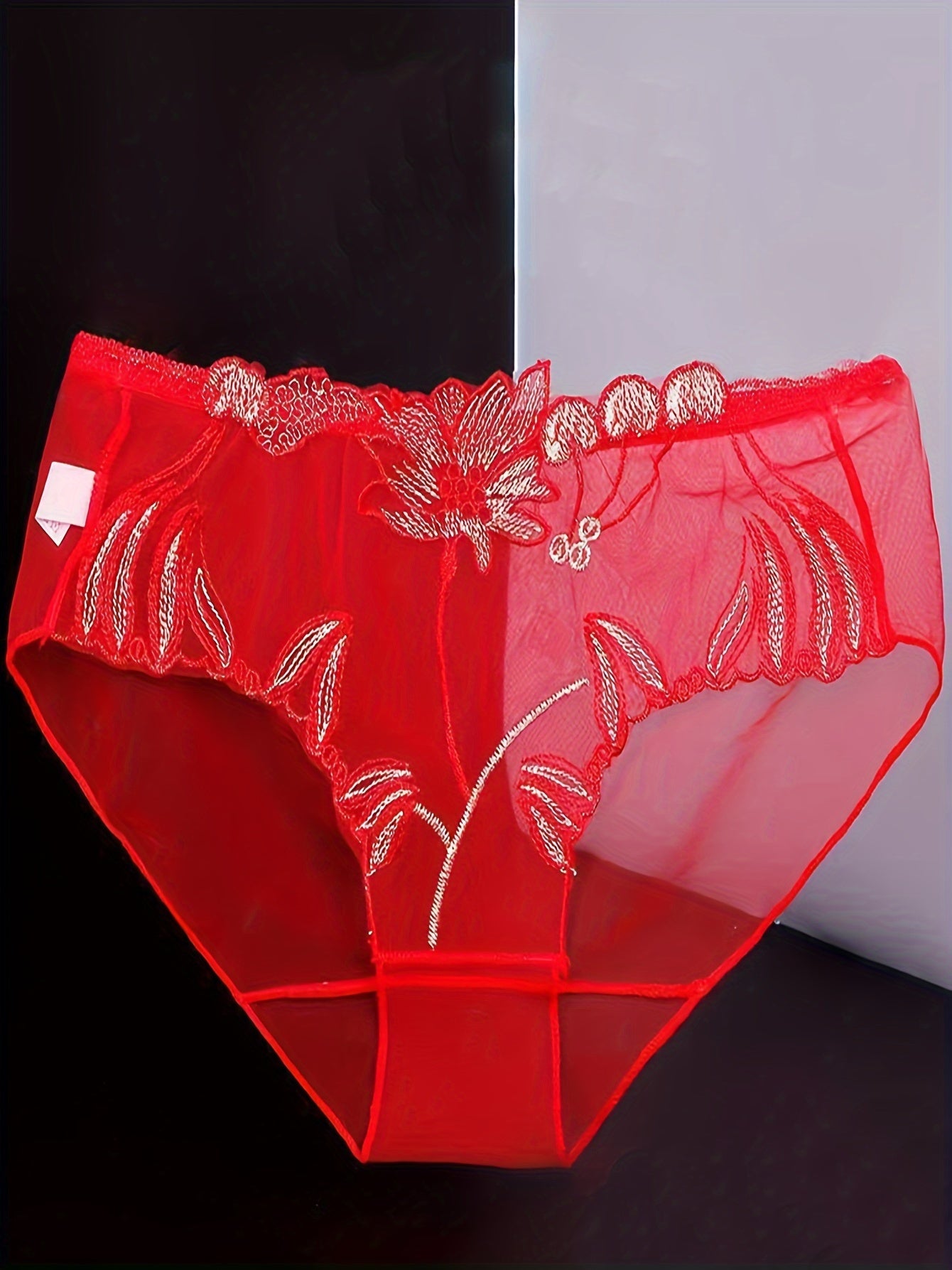 Set of 4 floral embroidered mesh thongs, low-rise semi-sheer panties for women.