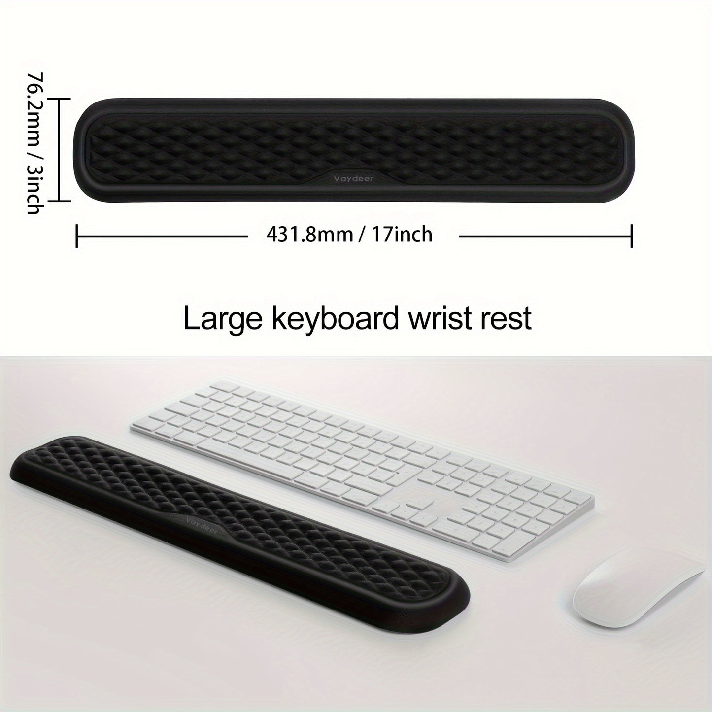 Ergonomic keyboard and mouse wrist rests for comfortable typing and mousing.