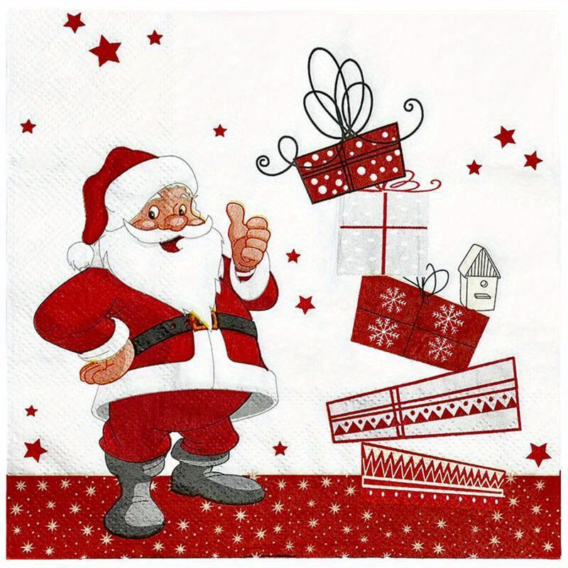 Package of 40 tri-fold disposable Christmas napkins featuring a Santa print, perfect for holiday parties and dining.