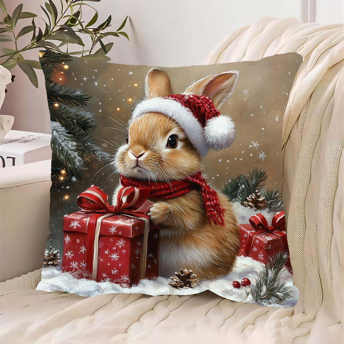 One piece of a short plush decorative pillow featuring a Netherland Dwarf rabbit design, measuring 45.72cm x 45.72cm. The design showcases a brown rabbit celebrating Christmas, perfect for adding a festive touch to your sofa, living room, bedroom, or