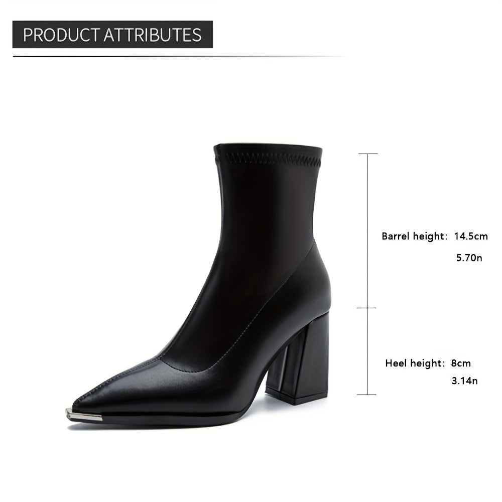 Stylish ankle boots with pointed toe, chunky heel, faux cover, and side zipper closure for all seasons.