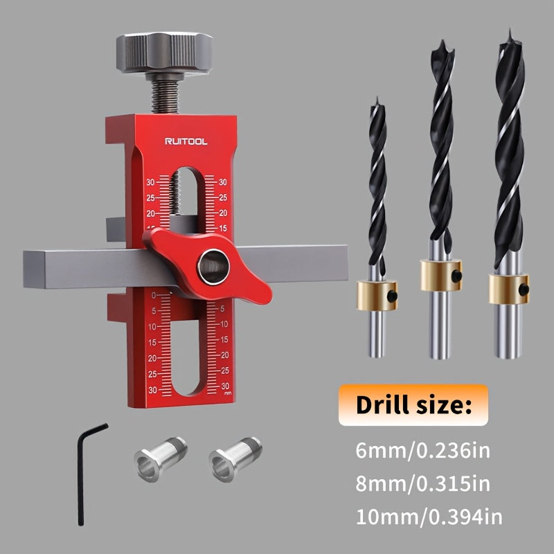 RUITOOL 2 In 1 Cabinet Door Installation Positioner made of rust-resistant aluminum alloy with non-slip design. Includes drill bits and has a clamping range of 7-40mm. Ideal for cabinet