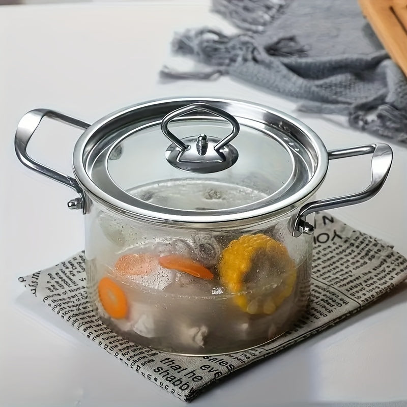 One piece of large-capacity high-boron-silicon glass soup pot with double ears and lid, featuring a stainless steel handle. Suitable for use on household electric ceramic stoves for heating and cooking various dishes such as noodles and stews.