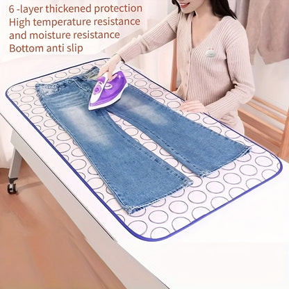 The QUNTEEN Portable Ironing Mat offers 6-layer thickened protection for high temperature and moisture resistance. It is non-slip, foldable, and compact for both travel and home use. No electricity is required for use.