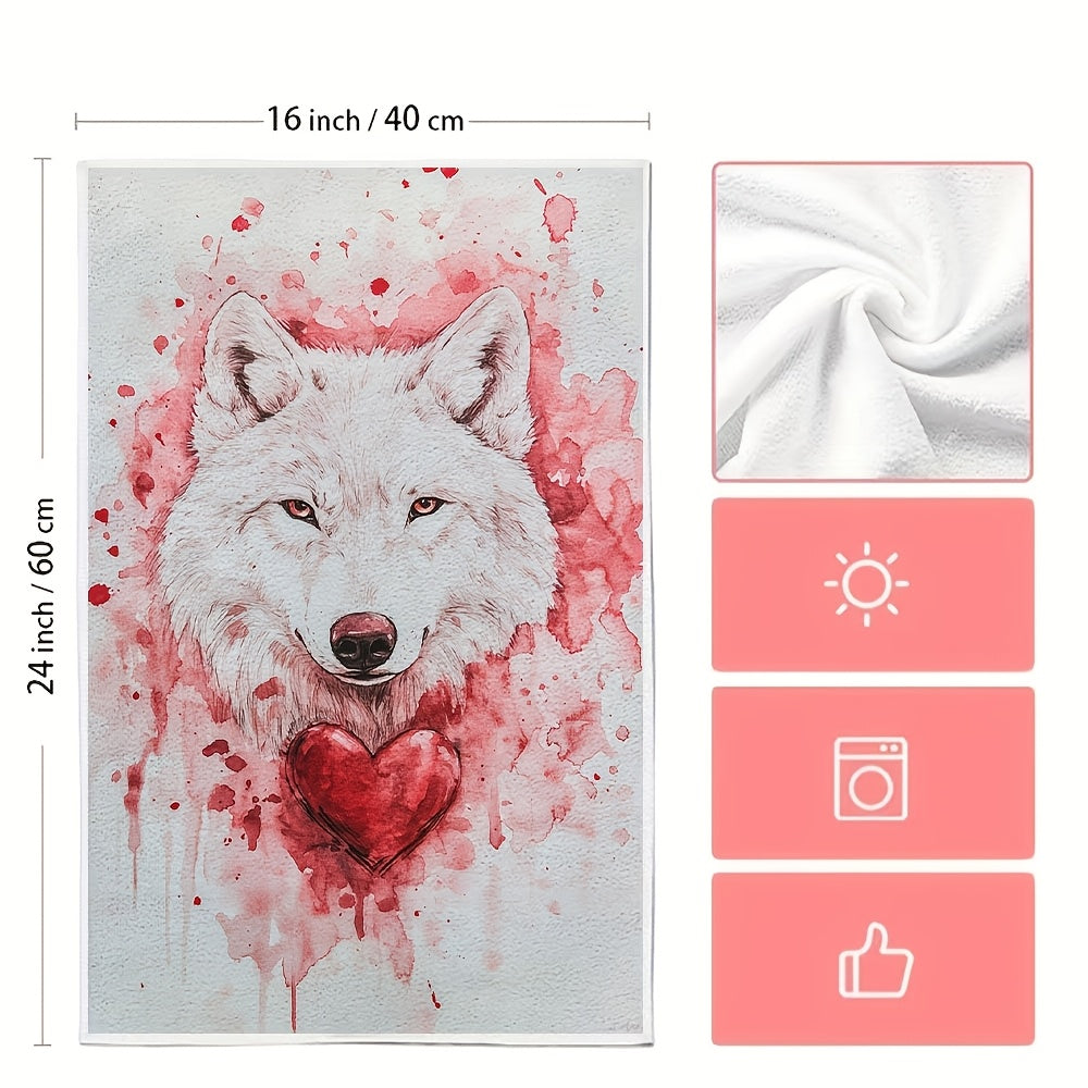 Set of 2 Ultra Soft Kitchen Towels featuring a Valentine's Day Wolfy design. These highly absorbent and machine washable dish hand towels measure 40.64x60.96 cm. The contemporary white towels are accented with red splashes and a heart detail, perfect for