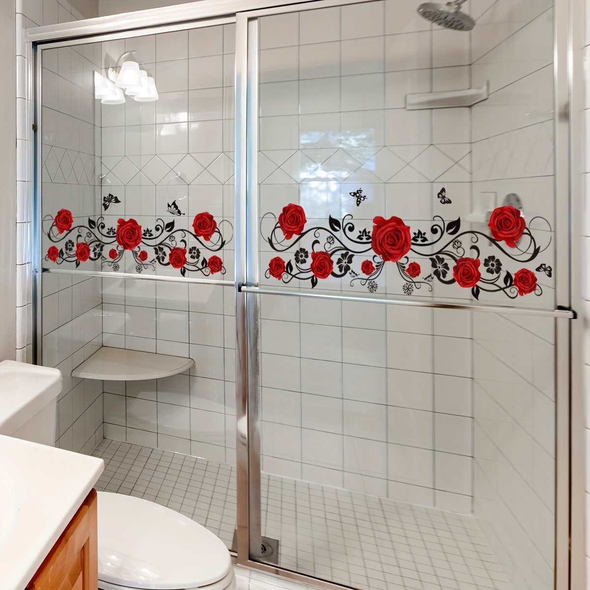 Set of two red rose vine butterfly bathtub stickers measuring 50*15cm, perfect for bathroom and home decoration. Ideal for summer.