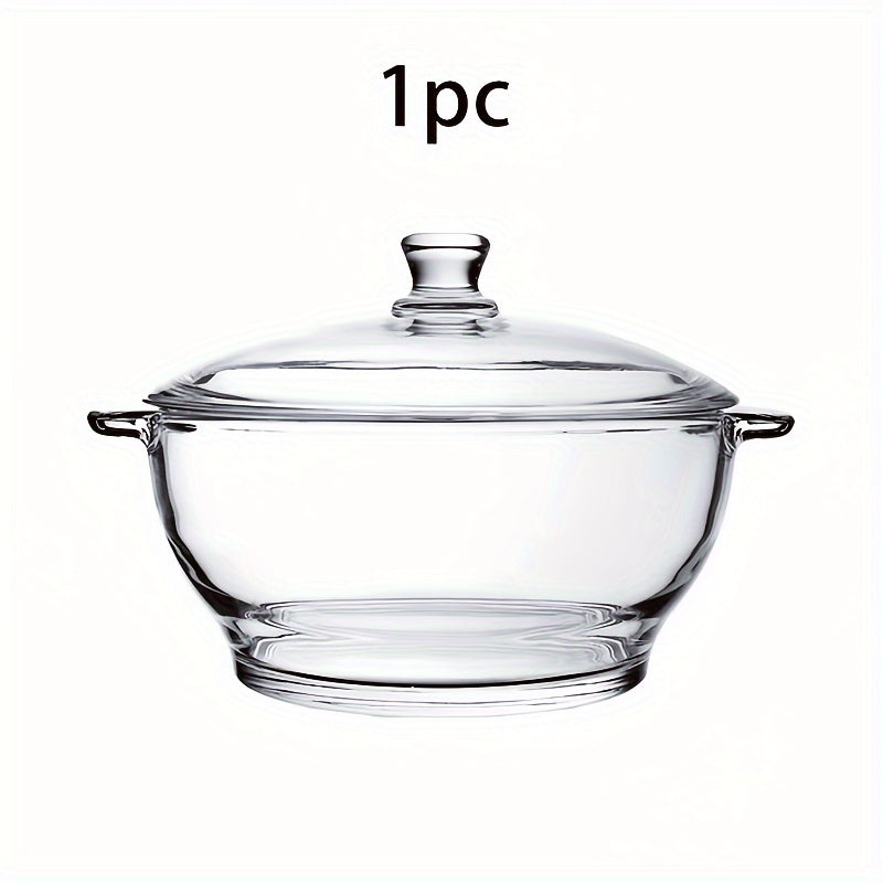 Heat-resistant clear glass casserole dish with lid, 1000ml/33.82oz capacity. Induction compatible and multipurpose kitchen cookware for soup, salad, and noodles. Pattern-free design.