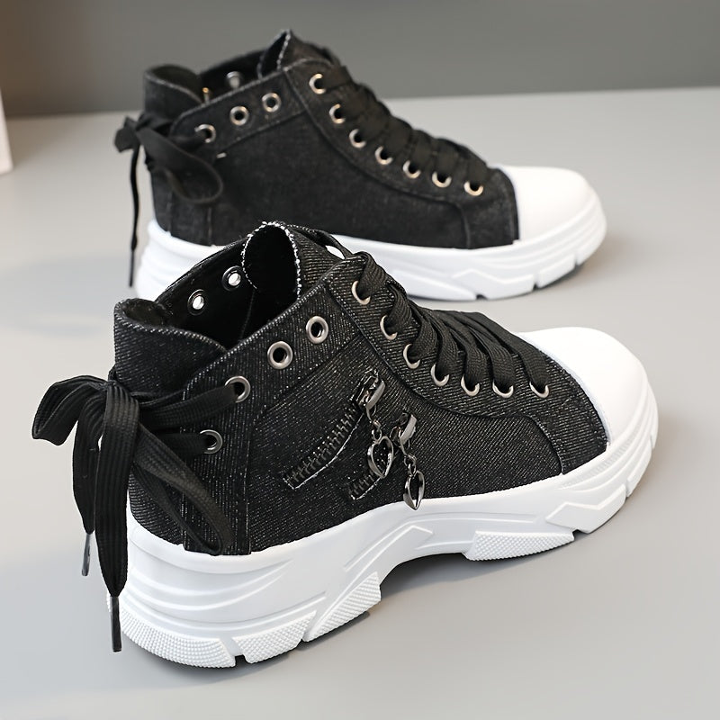 Women's canvas platform sneakers with zip detail, lace-up high top design, and casual all-match style, available in plus sizes.