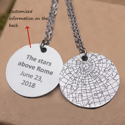 This stunning Star Map Pendant Necklace is custom-engraved and crafted from high-quality 18K Golden Plated 304 Stainless Steel. Elegant and alluring, it is the perfect accessory for daily wear and makes for a thoughtful gift. Ideal for celebrating