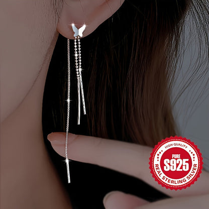 These stylish dangling earrings, made of S925 silver, feature butterfly tassels and are sweet and lovely. They are suitable for wearing on many occasions and make a great gift for ladies, especially on Christmas. They weigh 2.11g and are low allergy.