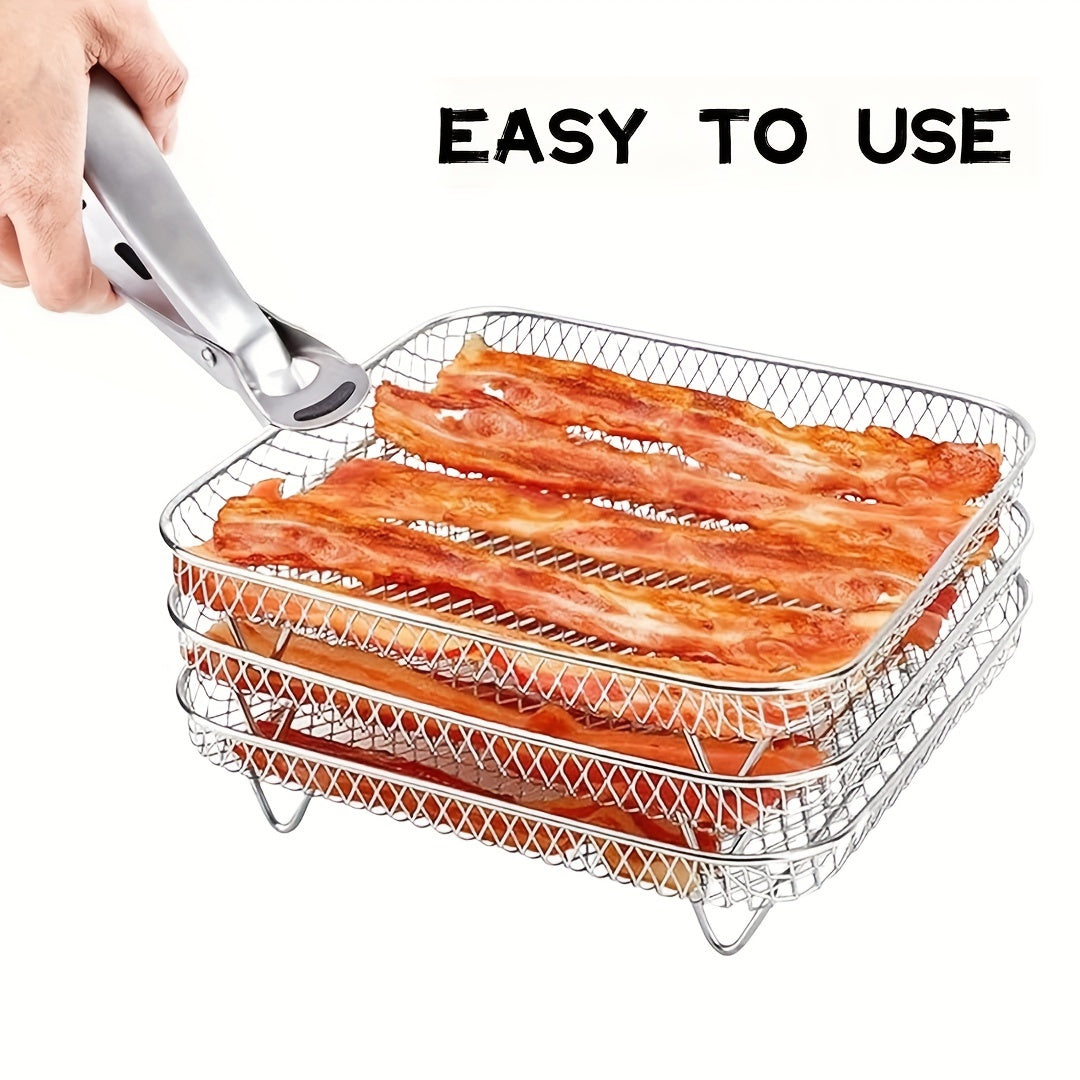 3-Layer Stainless Steel Air Fryer Rack, Stackable Grid Grilling Rack, Anti-Corrosion for Home Kitchen Oven, Multi-functional Steamer Cooker Gadgets for Air Fryer and More