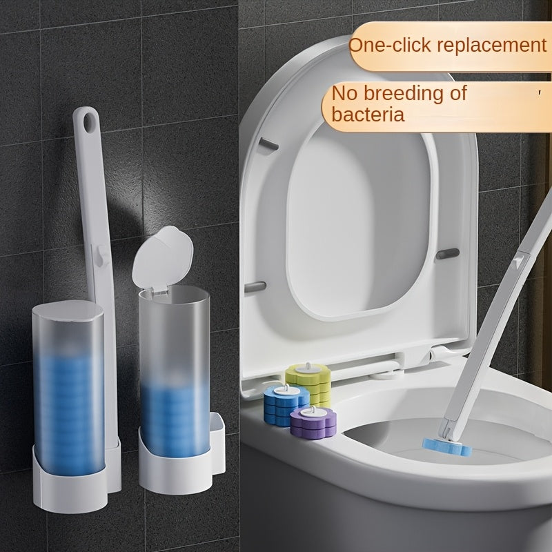 Complete Bathroom Cleaning Kit includes 6 Disposable Soft Brush Heads with Ocean Scent - Easy to Use, No Electricity Needed. Features Self-Standing Toilet Brush with Handle and Wall-Mount Accessories. Effectively Freshens and Cleans, Reaching all Areas