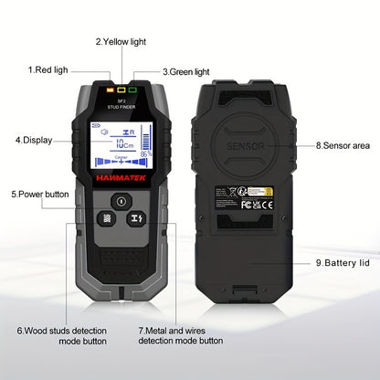 HANMATEK SF2 5-in-1 Handheld Wall Detector detects metal, wood, AC wires and offers electronic measuring. LED/Number display, safe drilling, precise positioning, battery-powered (battery