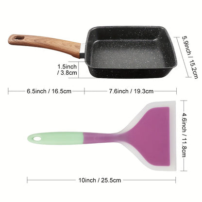 Japanese Non-Stick Cast Iron Frying Pan with Imitation Wood Handle - Perfect for Home Kitchen Dining. Includes Silicone Spatula and Random Color option. Ideal for Breakfast and other Kitchen Items.