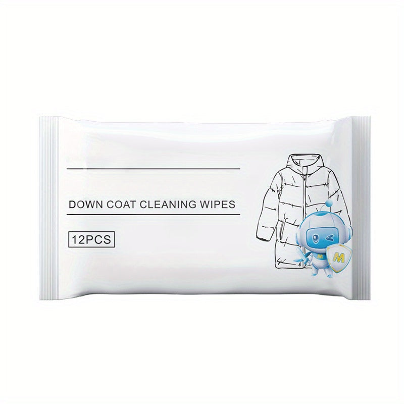 12 portable down jacket cleaning wipes - no rinse, stain remover for clothes and fabric.