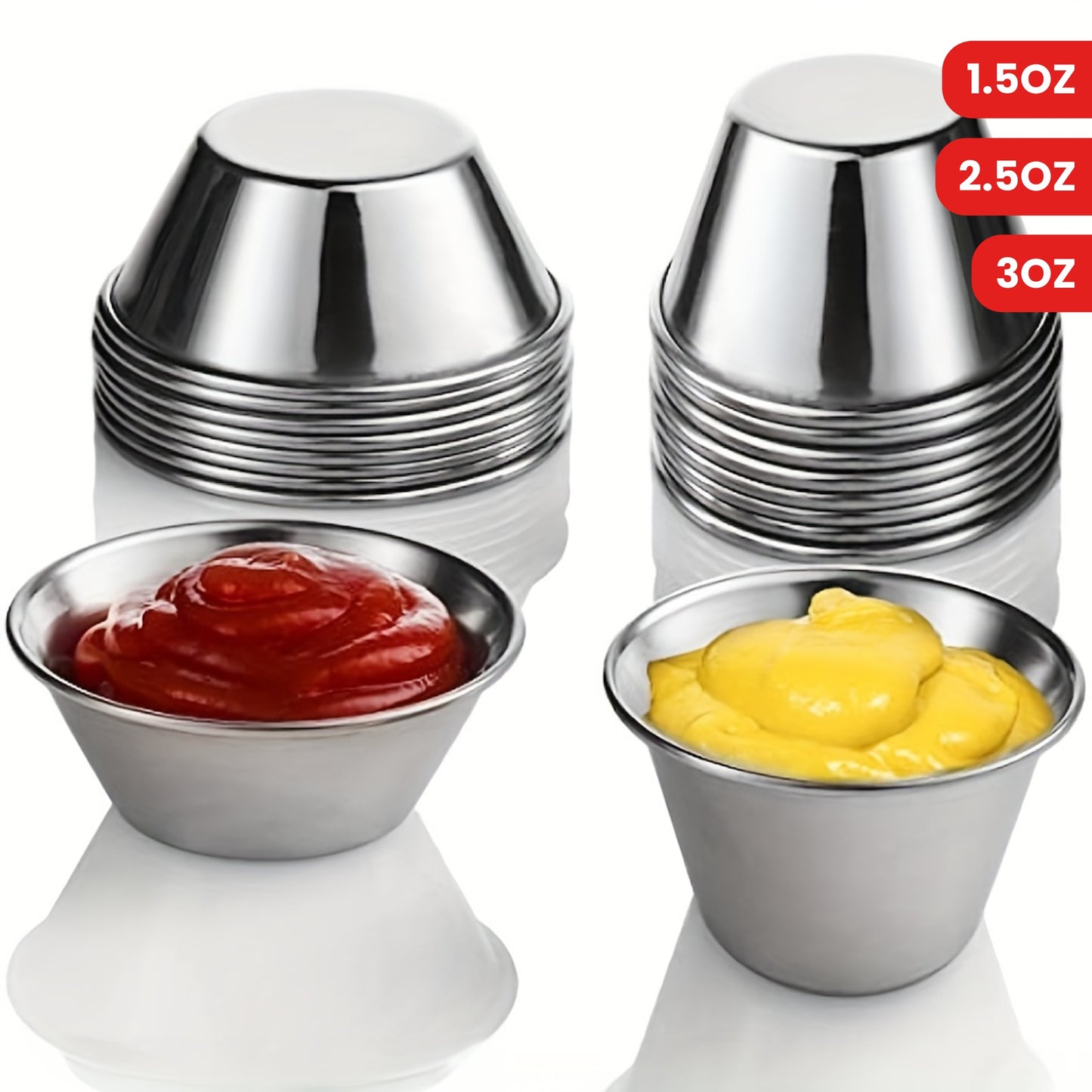 4 small stainless steel sauce cups in 6 sizes for commercial use, perfect for appetizers and condiments.