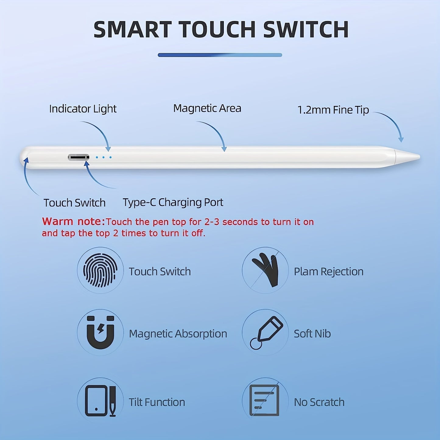 Fast-charging iPad Pencil with Palm Rejection, Tilt Function, and Rechargeable Battery