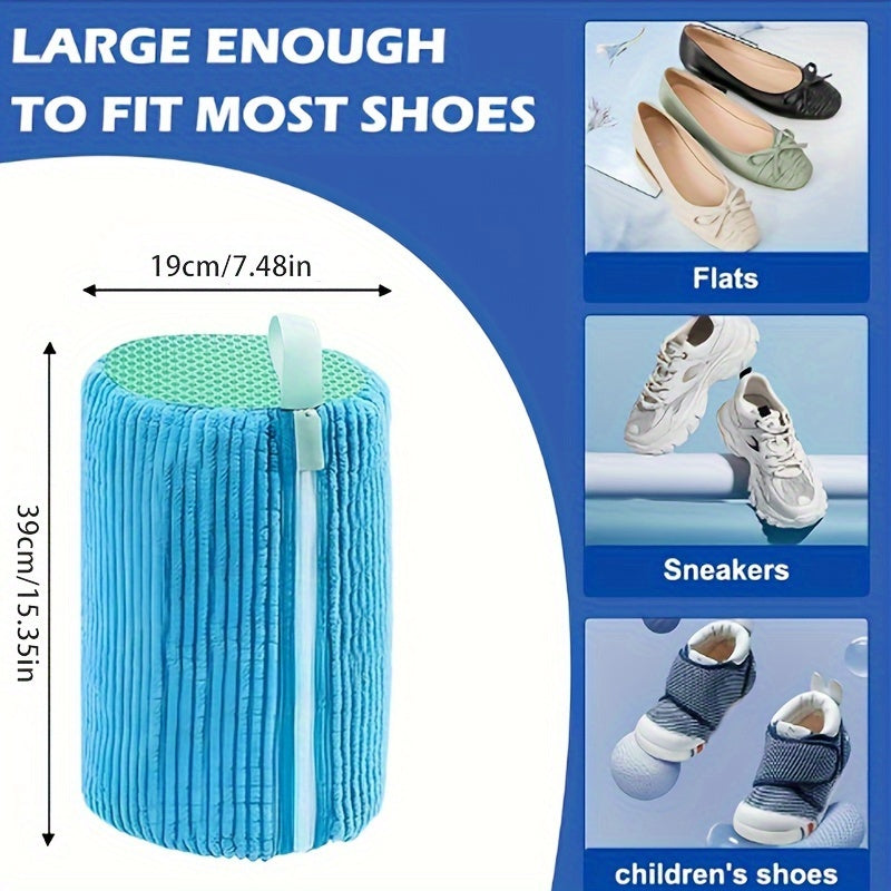 One durable and reusable zippered plush laundry bag designed for washing shoes in the washing machine. Suitable for shoes, sneakers, trainers, tennis shoes, and slippers.