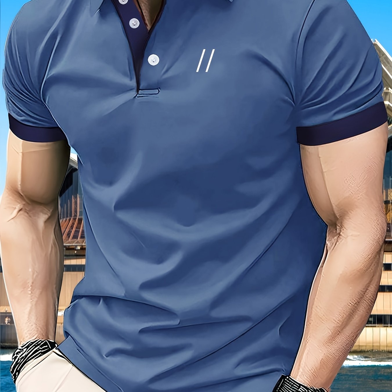 Men's short sleeve athletic polo shirts featuring a two slashes pattern and retro style button up design, ideal for summer business attire.